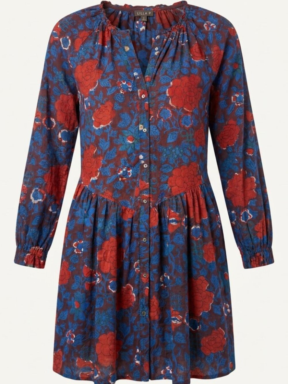 Lilla P Floral Tiered Long Sleeve Cotton Tunic Dress Size M